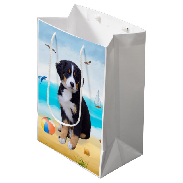 Bernese Mountain Dog on Beach Medium Gift Bag (Front Angled)
