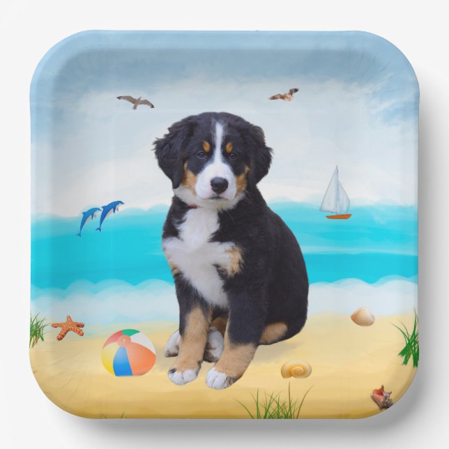 Bernese Mountain Dog on Beach Paper Plate (Front)