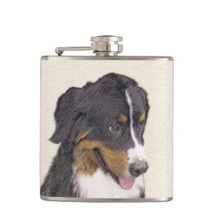 Bernese Mountain Dog Painting - Original Dog Art Hip Flask