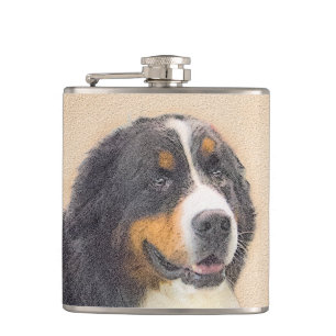 Bernese Mountain Dog Painting - Original Dog Art Hip Flask