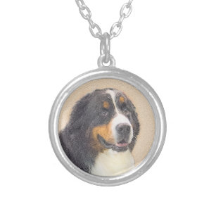 Bernese Mountain Dog Painting - Original Dog Art Silver Plated Necklace