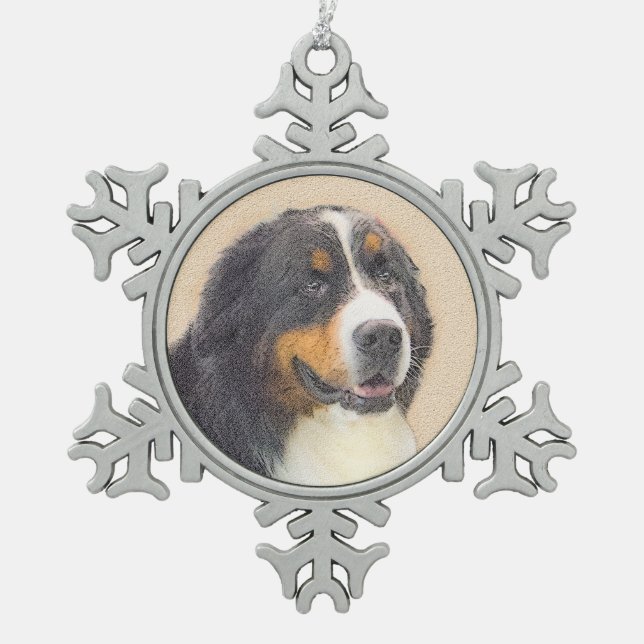 Bernese Mountain Dog Painting - Original Dog Art Snowflake Pewter Christmas Ornament (Front)