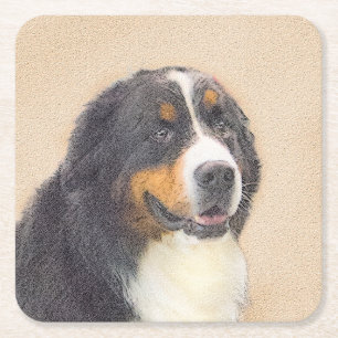 Bernese Mountain Dog Painting - Original Dog Art Square Paper Coaster