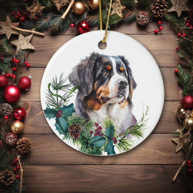 Bernese Mountain Dog Portrait Holly Wreath Ceramic Ornament (Creator Uploaded)