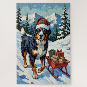 Bernese Mountain Dog Pulling Christmas Sled Hat Jigsaw Puzzle