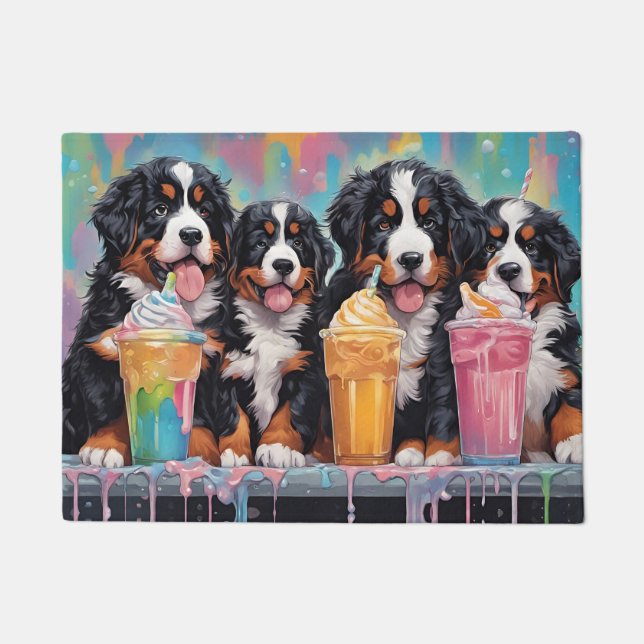 Bernese Mountain Dog Puppies drinking milkshakes Doormat (Front)