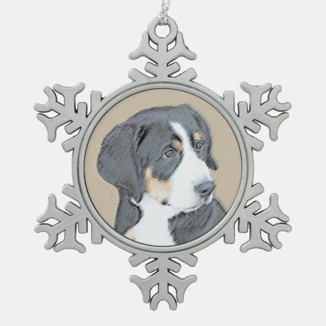 Bernese Mountain Dog Puppy Painting - Original Art Snowflake Pewter Christmas Ornament (Front)
