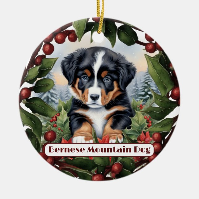 Bernese Mountain Dog Puppy Personalized  Christmas Ceramic Ornament (Front)