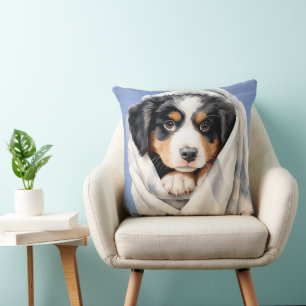 BERNESE MOUNTAIN DOG PUPPY UNDER BLANKET THROW PILLOW