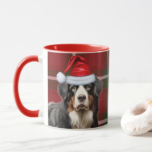 Bernese Mountain Dog Red Green Holiday Plaid Mug (With Donut)
