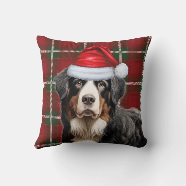 Bernese Mountain Dog Red Green Plaid Christmas Throw Pillow (Back)
