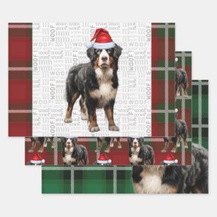 Bernese Mountain Dog Red Green Plaid Holiday Wrapping Paper Sheet