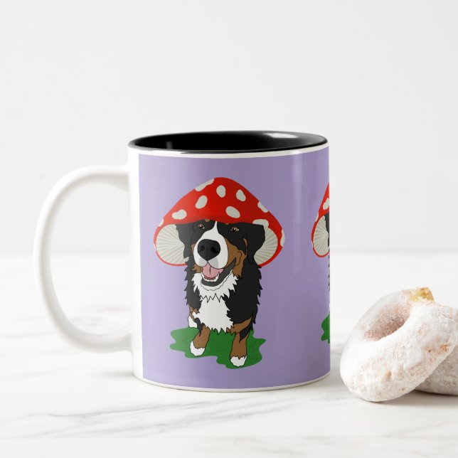 Bernese Mountain Dog Red Mushroom Cap  Two-Tone Coffee Mug (With Donut)