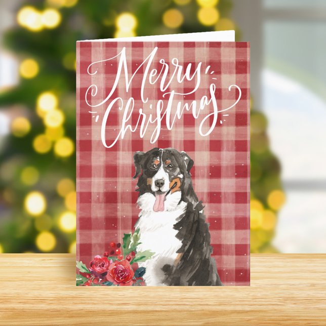 Bernese Mountain Dog Red Plaid Christmas Holiday Card (Creator Uploaded)