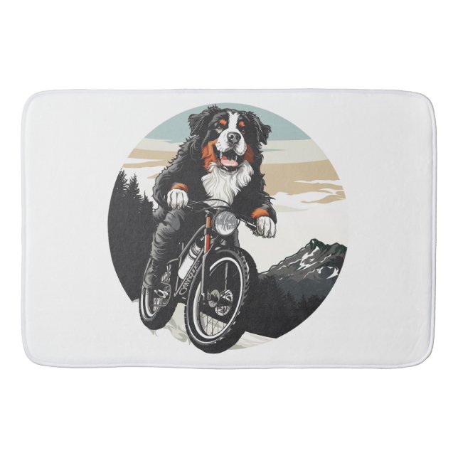 Bernese Mountain Dog Riding A Mountain Bike Bath Mat (Front)