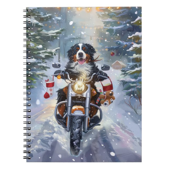 Bernese Mountain Dog Riding Motorcycle Christmas Notebook (Front)
