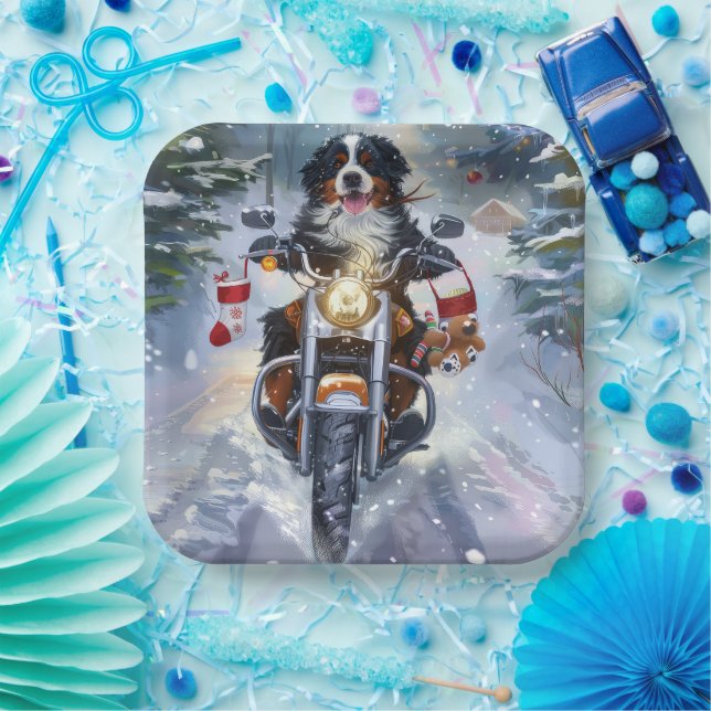 Bernese Mountain Dog Riding Motorcycle Christmas Paper Plate (Party)