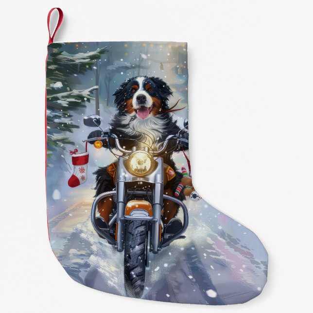 Bernese Mountain Dog Riding Motorcycle Christmas Small Christmas Stocking (Front)