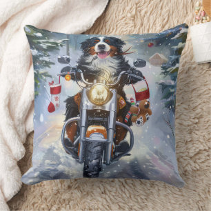 Bernese Mountain Dog Riding Motorcycle Christmas Throw Pillow