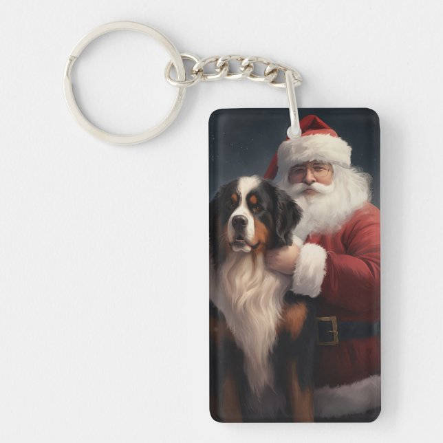 Bernese Mountain Dog Santa Claus Festive Christmas Keychain (Front)