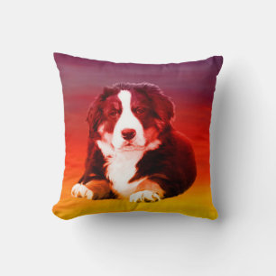 Bernese Mountain Dog Sitting on Beach Throw Pillow
