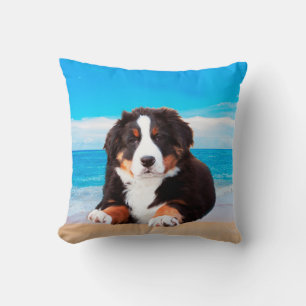 Bernese Mountain Dog Sitting on Beach Throw Pillow