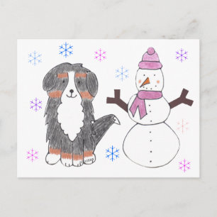 Bernese Mountain Dog & Snowman Postcard
