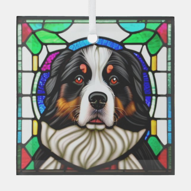 Bernese Mountain Dog "Stained Glass"  Glass Ornament (Front)