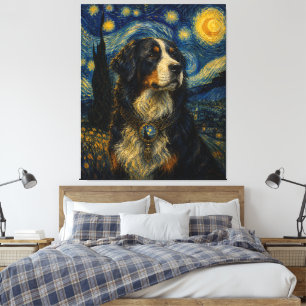 Bernese Mountain Dog Starry Night Oil Painting – V Canvas Print