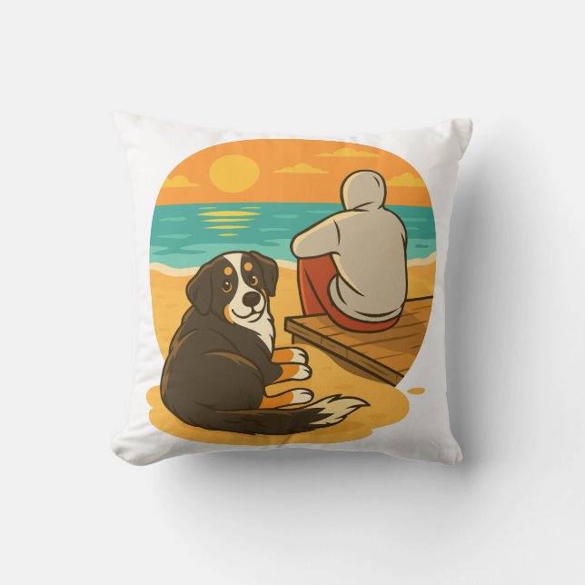 Bernese Mountain Dog Sunset Beach Companion Throw Pillow (Front)