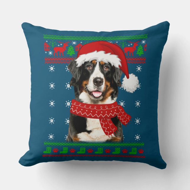 Bernese Mountain Dog Ugly Sweater Christmas Puppy Throw Pillow (Front)