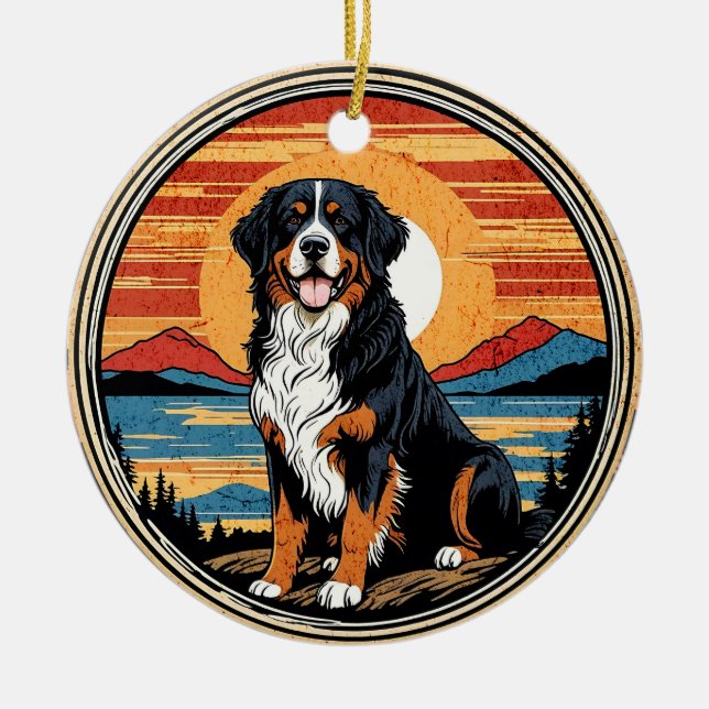 Bernese Mountain Dog Vintage Sunset Ceramic Ornament (Front)