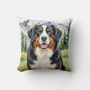 Bernese Mountain Dog Watercolor Alpine Art Throw Pillow