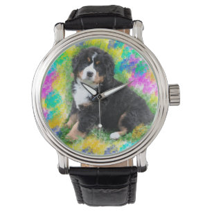 Bernese Mountain Dog Watercolor Art Painting Watch