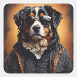 Bernese Mountain Dog Wearing Jacket And Sunglasses Square Sticker