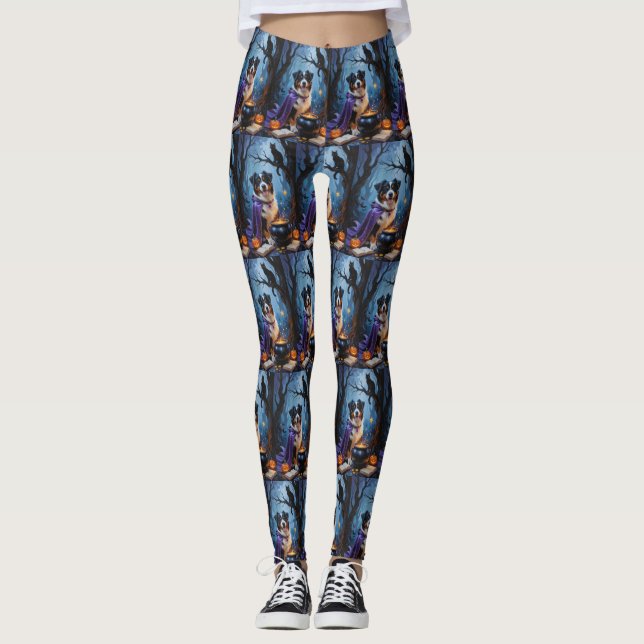 Bernese Mountain Dog Whimsical Halloween Painting Leggings (Front)