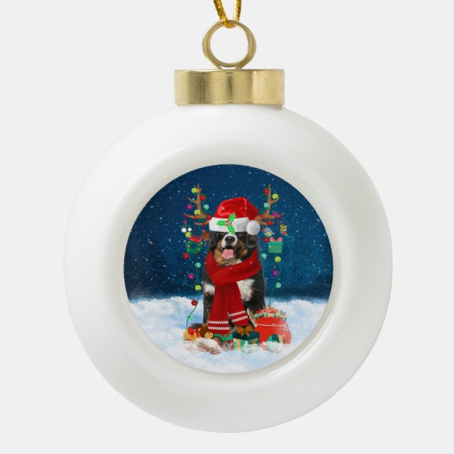 Bernese Mountain dog with Christmas gifts Ceramic Ball Christmas Ornament (Front)