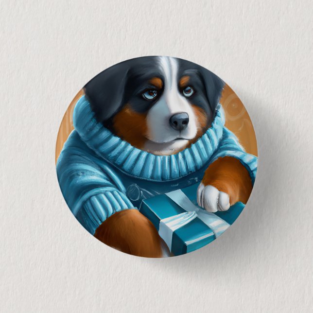 Bernese Mountain Dog With Holiday Present 1 Inch Round Button (Front)
