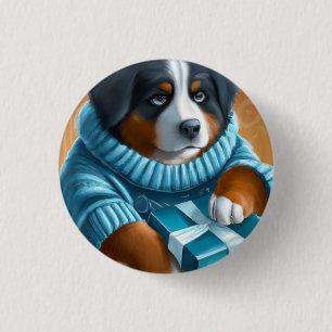 Bernese Mountain Dog With Holiday Present 1 Inch Round Button