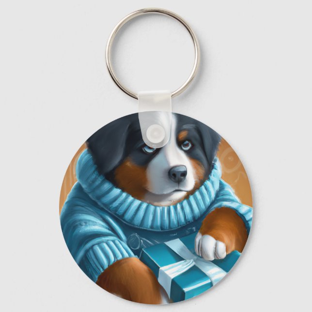 Bernese Mountain Dog With Holiday Present Keychain (Front)