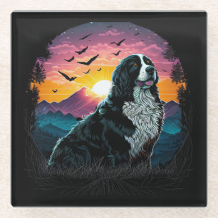 Bernese Mountain Dog with Mountain Sunrise view Glass Coaster