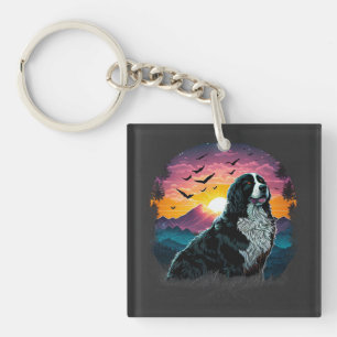 Bernese Mountain Dog with Mountain Sunrise view Keychain
