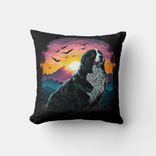 Bernese Mountain Dog with Mountain Sunrise view Throw Pillow