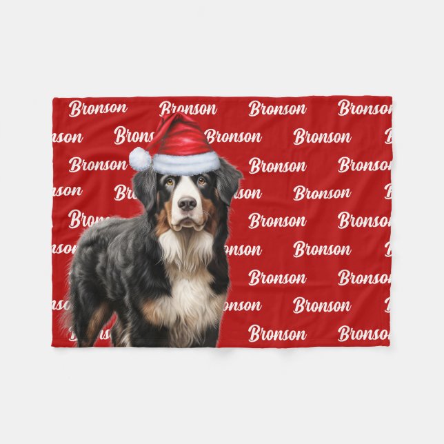 Bernese Mountain Dog with Name Christmas Holiday Fleece Blanket (Front (Horizontal))