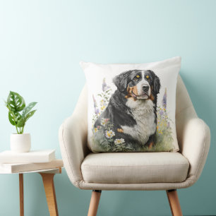 BERNESE MOUNTAIN DOG WITH WILDFLOWERS THROW PILLOW