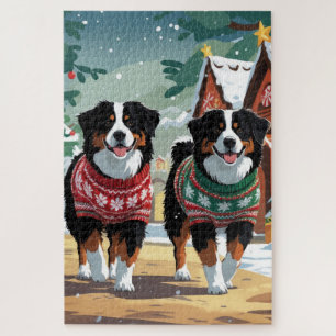 Bernese Mountain Dogs Christmas Snow Holiday Jigsaw Puzzle