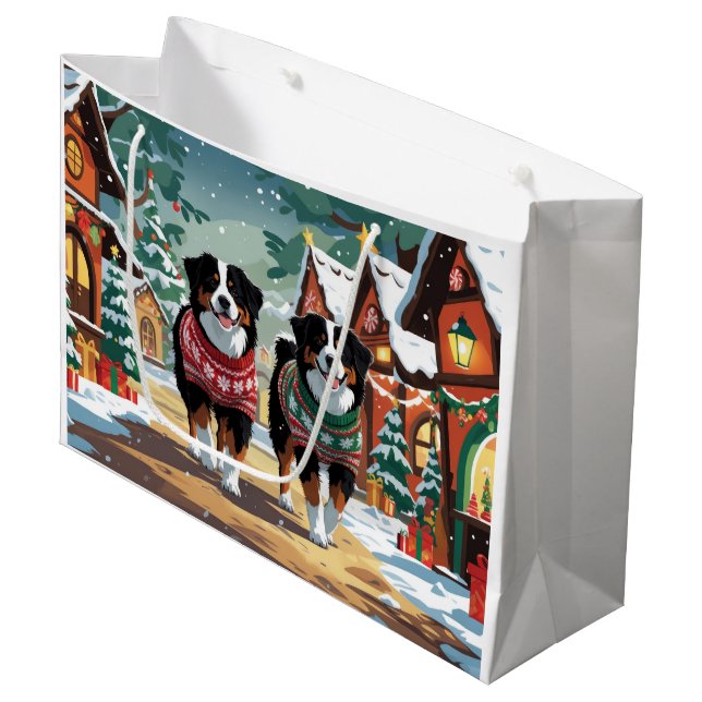 Bernese Mountain Dogs Christmas Snow Holiday Large Gift Bag (Front Angled)