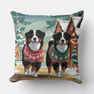 Bernese Mountain Dogs Christmas Snow Holiday Throw Pillow
