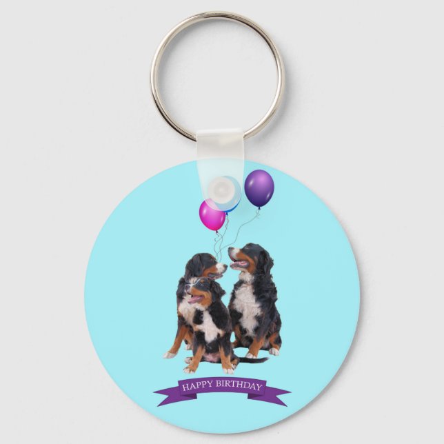 Bernese Mountain Dogs Happy Birthday Keychain (Front)
