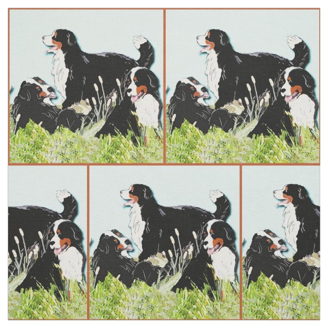 Bernese Mountain dogs In The Grass Fabric (Swatch)